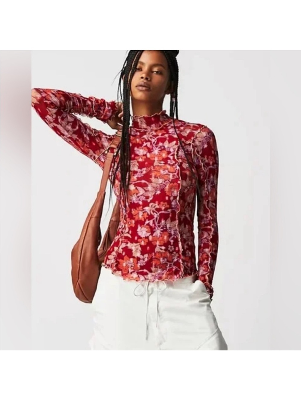 Free People Charlie Printed Mesh Top extra long sleeves mock neck FLORAL LK NEW